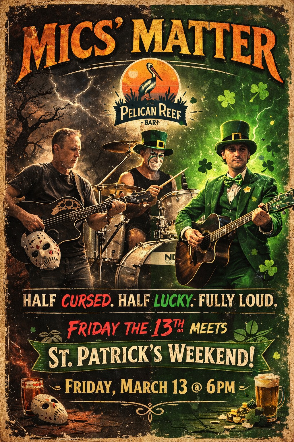 Mics Matter — Friday the 13th meets St. Patrick's Weekend — Pelican Reef Bar — March 13, 2026 — 6PM